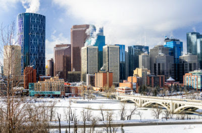 the City of Calgary downtown skyline on winter day 